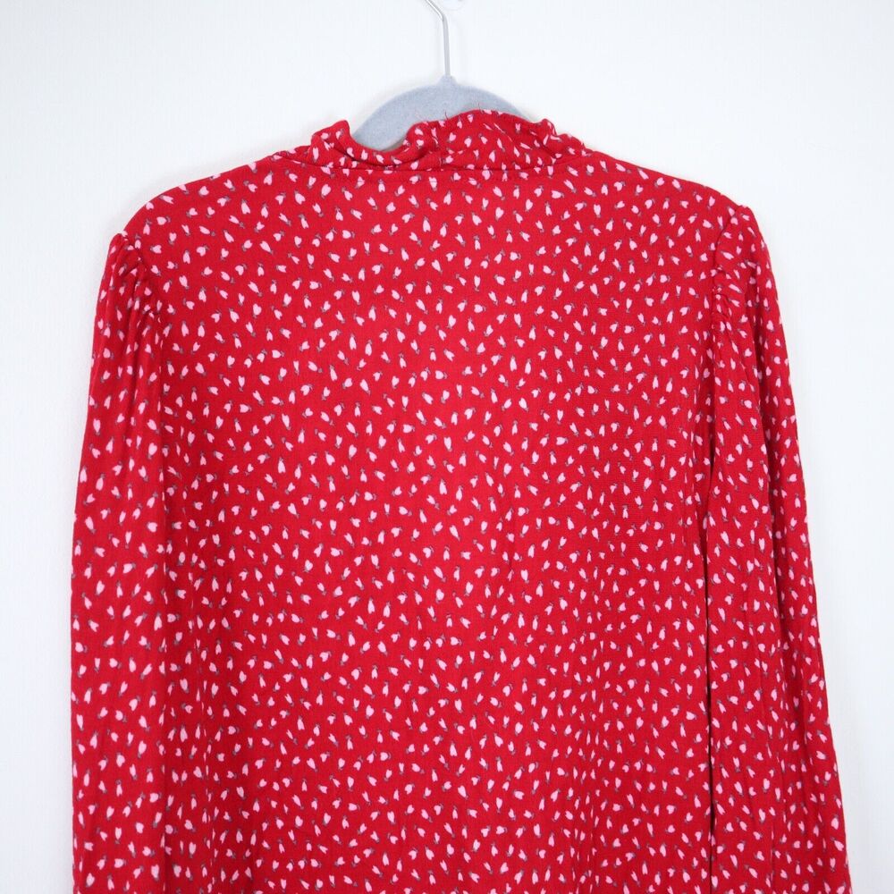 ROLLA’S Size M Lily Blouse Ruffle Trim Long Sleeve Red Pink Mini Tulip Print - Picture 9 of 11
